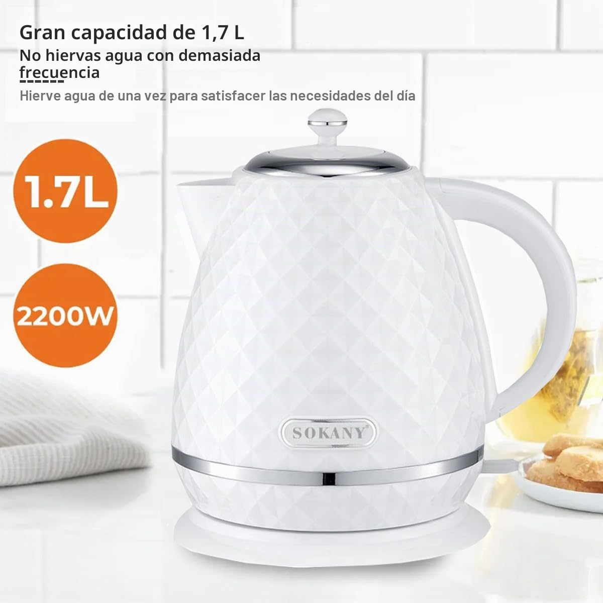 SOKANY SK-1032 2200W Hervidor de Agua Eléctrico, 1,7L Hervidor, Función Apagado Automático, Filtro Extraíble, Indicador Nivel Agua, Base de 360º, Blanco