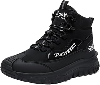 Rugged Outdoor Leather Mens Hiking Boots Non Slip High Top Casual Shoes for Walking Trekking Athletic Fashion Sneakers with Elastic Crisscrossed Grip Rubber Sole