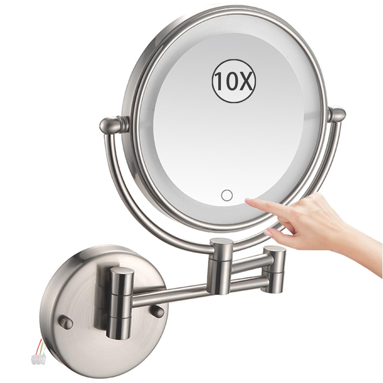 SXFSDOU Wall Mounted Magnifying Makeup Mirror, Hardwired Double Sided LED Lighted Vanity Extendable 360 Swivel Bathroom Mirror,Brushed nickel,10X