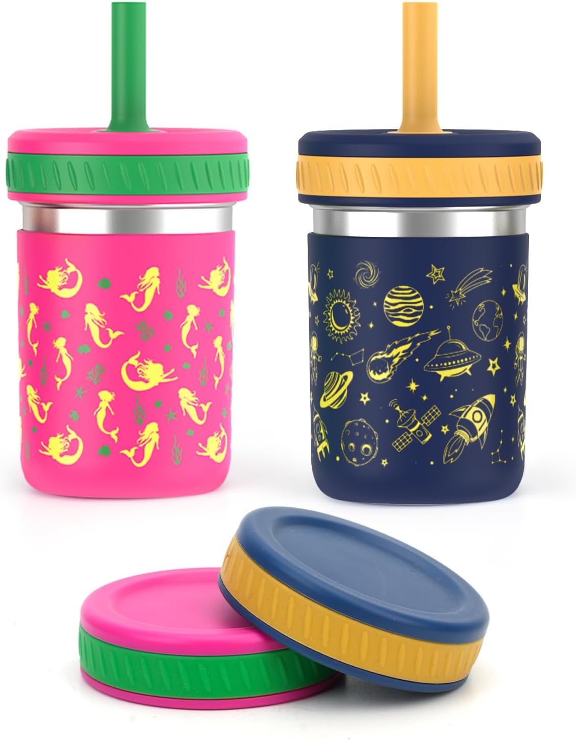 Sursip Toddler Sippy Cups with Straws and Lids, Spill Resistant Stainless Steel Kids Tumbler with Silicone Straws for Smoothie, Drinking, Snacks, BPA-Free, Dishwasher Safe - 10 oz (2 Packs)