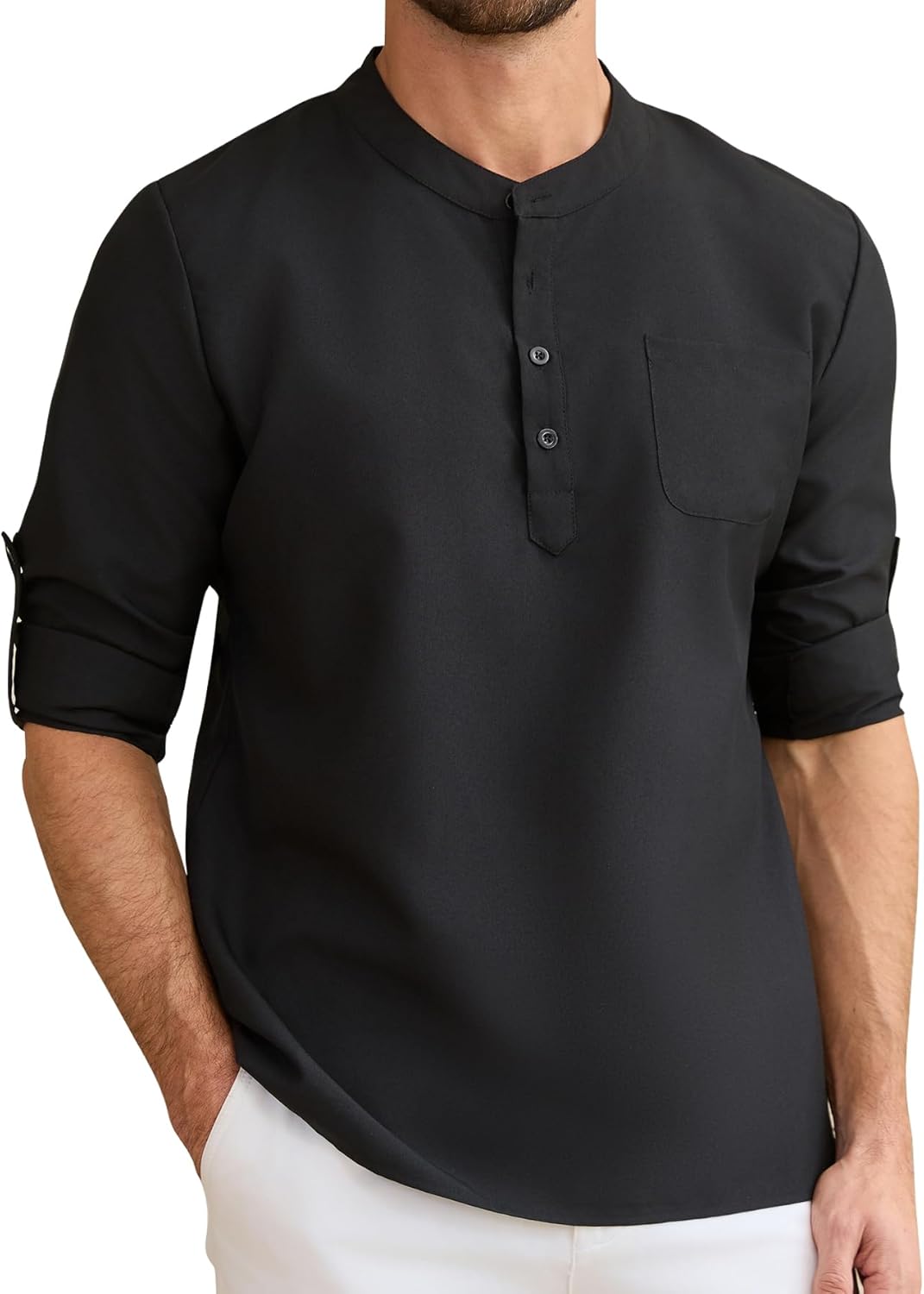 Mens Henley Shirts Long Sleeve Dress Shirt Business Work Office Shirt Summer Beach Cocktail T-Shirts with Pocket