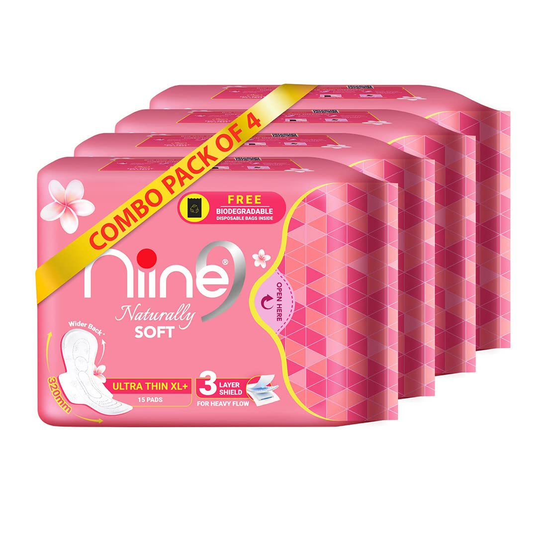 NIINE Naturally Soft Ultra Thin XL+ Sanitary Napkins for Heavy Flow (Pack of 4) 60 Pads with Free Biodegradable Disposal Bags (B08CFLJP2C) Amazon Price History, Amazon Price Tracker