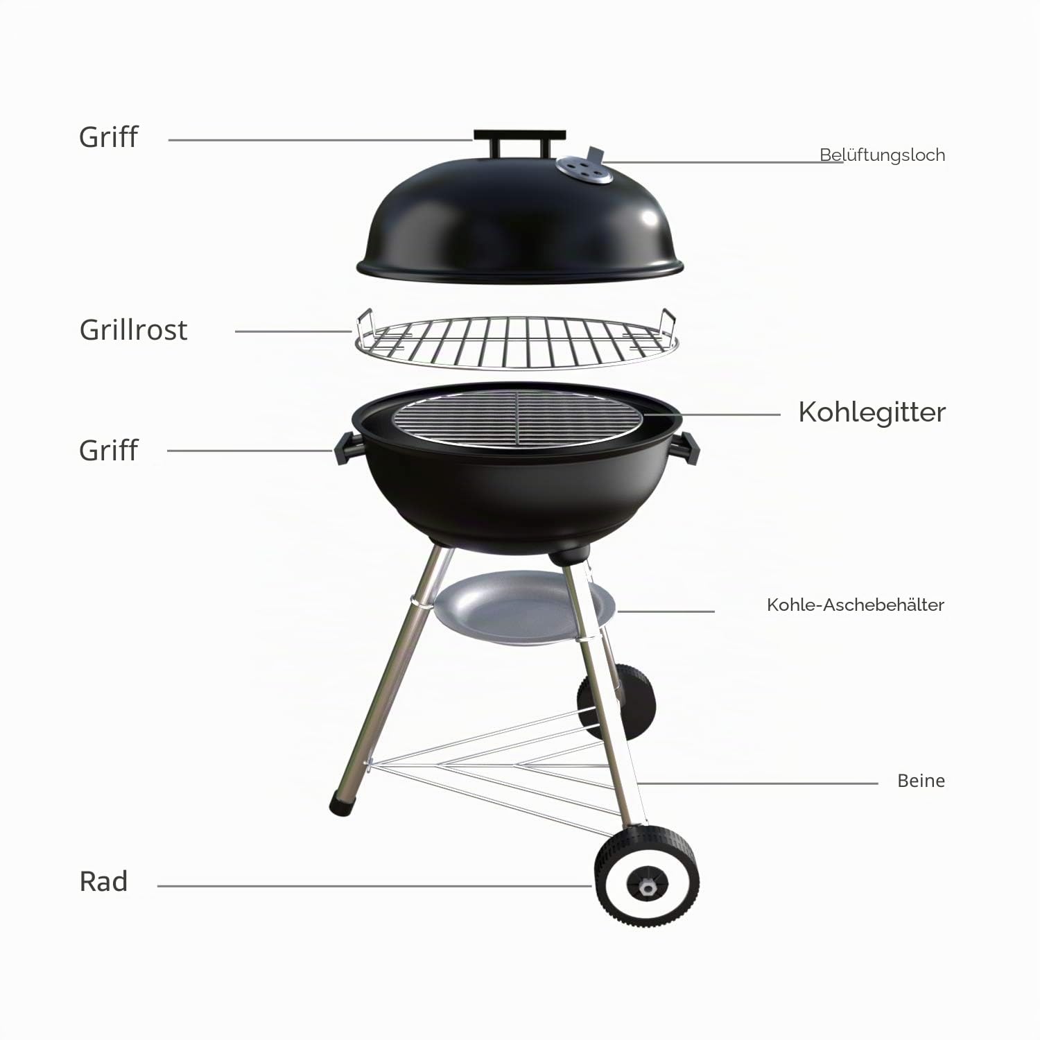 Holzkohlegrill, tragbar, rund, Deckel, Doppelräder, Grill auf Standfuß, φ 41 cm, Höhe 70 cm, Schwarz
