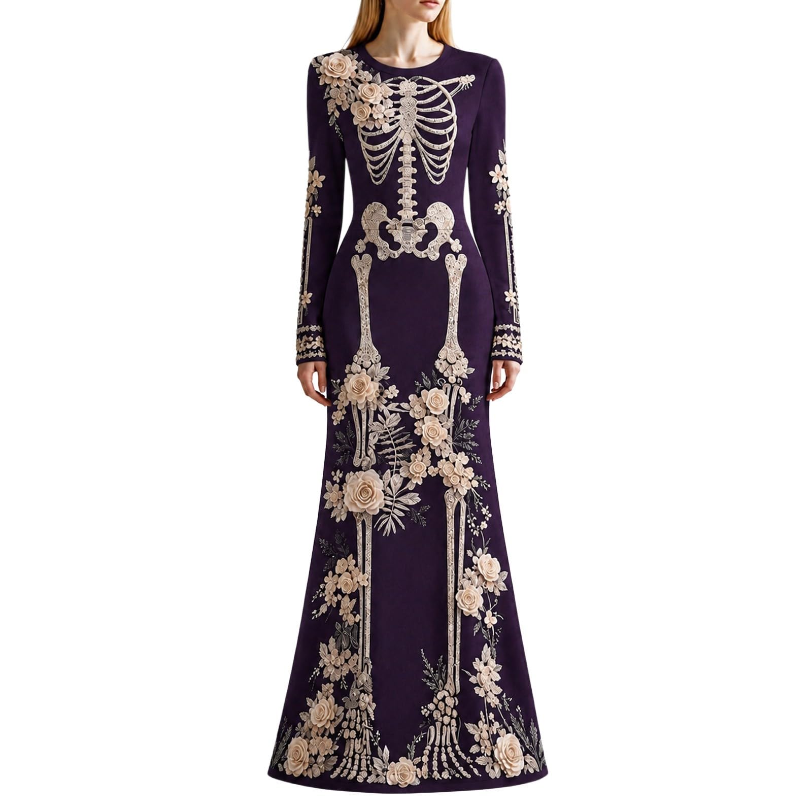 Halloween Costumes for Women Adult Skeleton Costume Long Sleeve Goth Evening Dress Ladies Plus Size 3D Digital Print Floral Maxi Dresses Fashion Womens Halloween Party Cosplay Costume