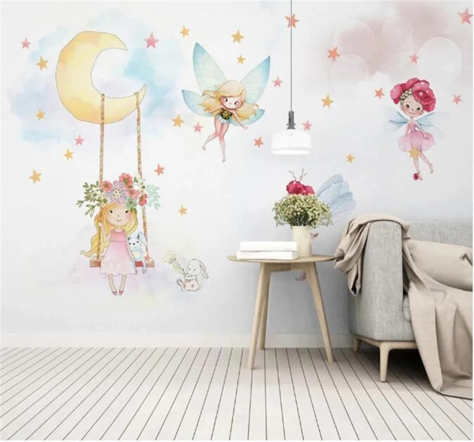 Tzxztt Minimalist Hand Drawn Cute Girl Starry Sky Modern 3D Wallpaper Premium Textured Silk Neutral Tones Material Ideal for Living Room Bedroom-400cm×280cm