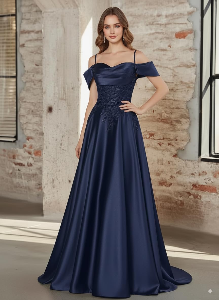 Off The Shoulder Ball Gown Lace Appliques Satin Prom Dresses for Women A-Line Evening Gown