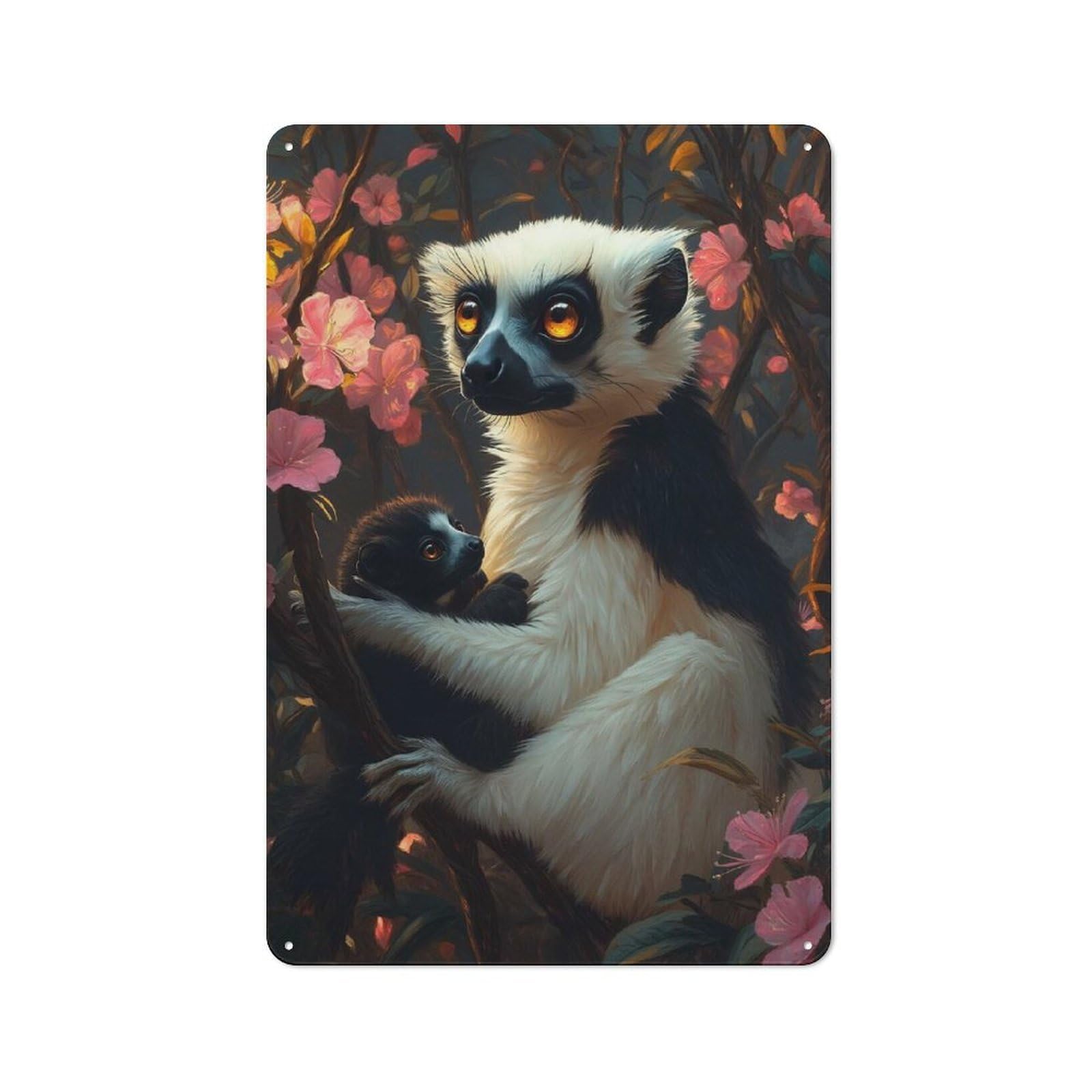 Junmoney Style-18 Lemur Mother And Baby In Bloom Tin Wall Plaque 30X20cm, Barn Style Rustic Kitchen Decor For Farmhouse Kitchen, Pantry Or Dining Area