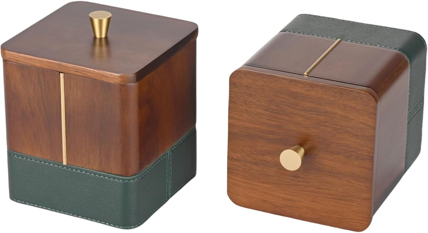 MIHIRO 5 Piece Acacia Wood Bathroom Accessory Set with Tray Wooden Soap Dispenser Toothbrush Holder Cotton Swab Jar Soap Dish for Vanity Countertop, Retro Leather Copper Accent Walnut Brown(Chestnut) - Image 2