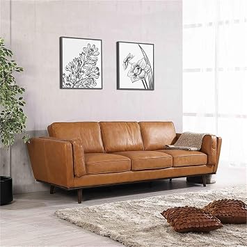 ASHCROFT Austin Mid Century Modern Furniture Style Living Room Leather Sofa in Tan