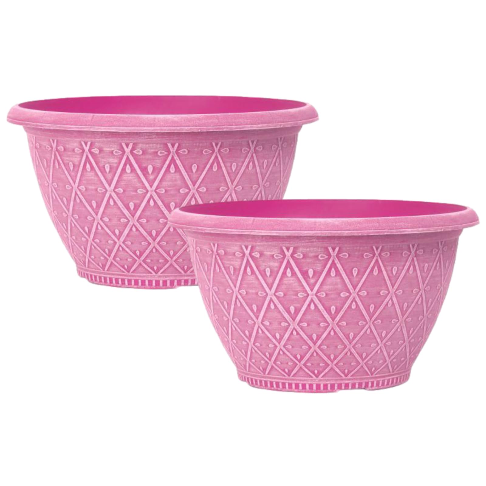 Fyne-Finds Powdered Raspberry Pink Set Of 2 Plastic Prisma Bowl Planter 25Cm,10Inch 4L Garden Plant Pot