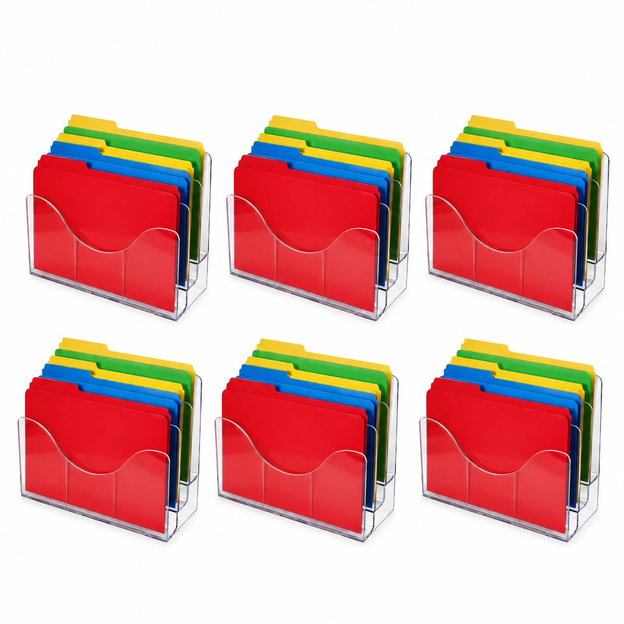 Azar Displays 250099-6PK - Organizador de pared de escritorio de tres niveles con divisores, soporte de exhibición de folletos acrílico, transparente, paquete de 6