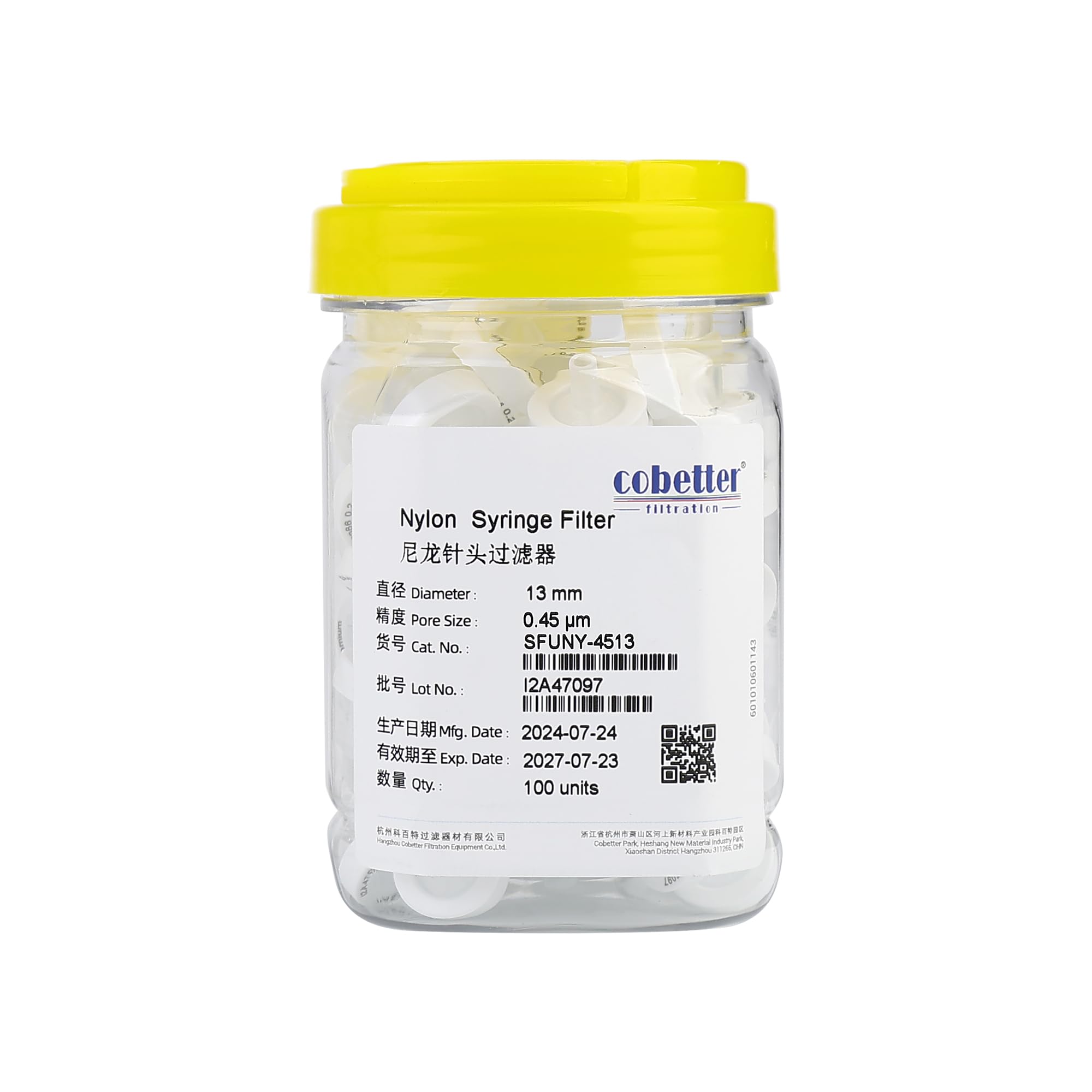 COBETTER Pack of 100 Nylon Syringe Filter 0.45μm Pore Size 13mm Diameter Hydrophilic Lab Filters Non-sterile, (Nylon, 0.45um 13mm, White)-image-37