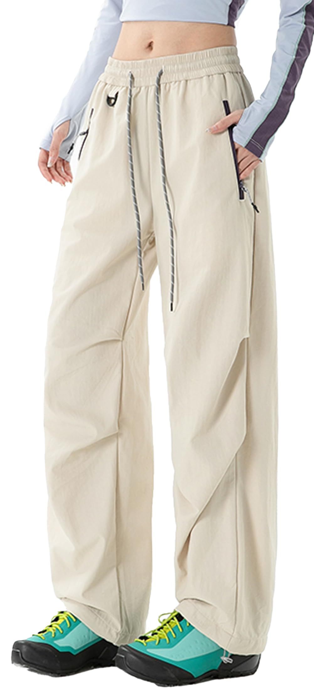 FEOYA Pantalon de Randonnée Femme Droit Pantalon Cargo avec zippée Poche Léger Respirant Jogging Trekking Imperméable Extérieur Beige XL