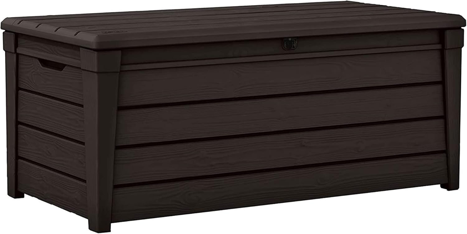 Keter 2 Pack Storage Bench, Weatherproof Resin Outdoor Backyard 120 Gallon Deck Box, Brightwood, Brown