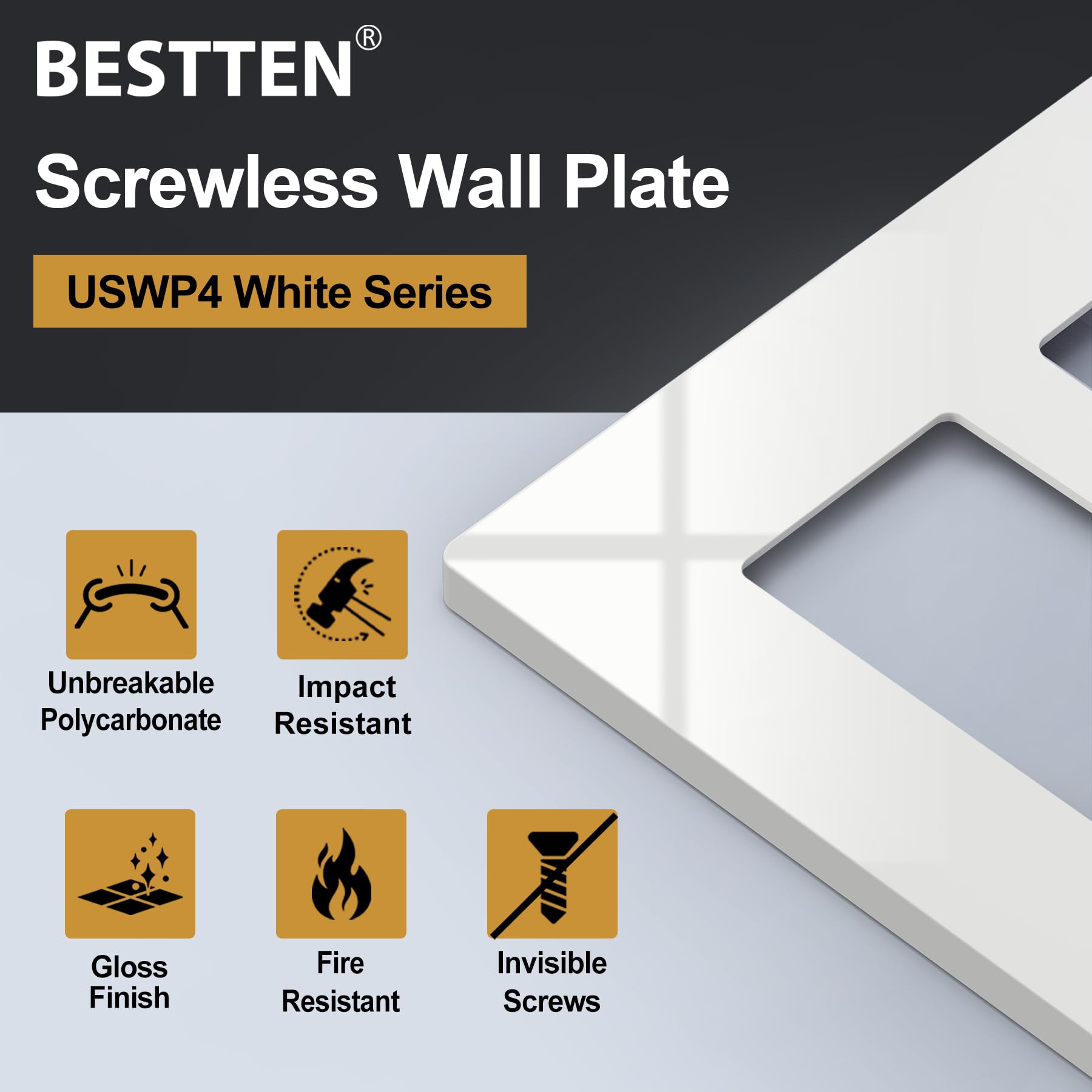 BESTTEN 2-drożna płyta ścienna USWP4 White Series, dekoracyjna pokrywa gniazdka, wys. 4,79 cm x szer. 11,75 cm, do włącznika światła, ściemniacza, USB, GFCI, gniazda