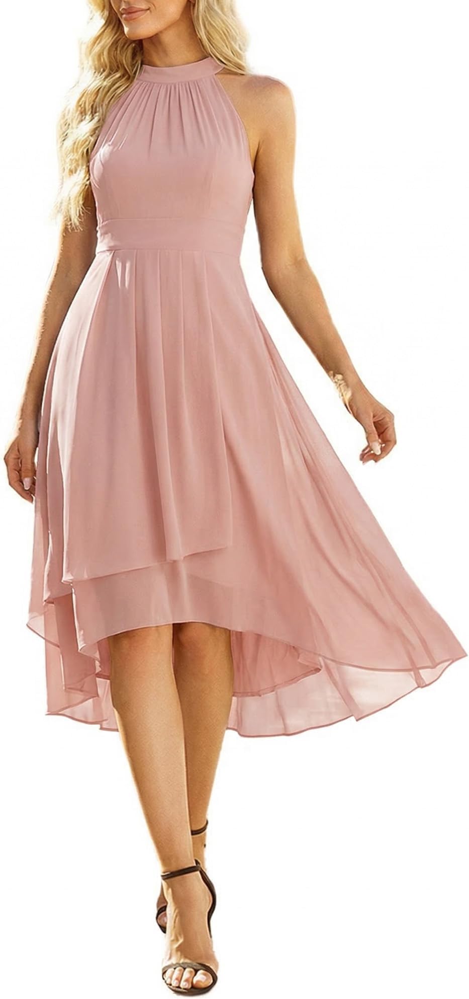 Women's Sexy Halter Neck Pleated Sleeveless Hi-Lo Chiffon Summer Wedding Guest Dress Cocktail Dresses 31926