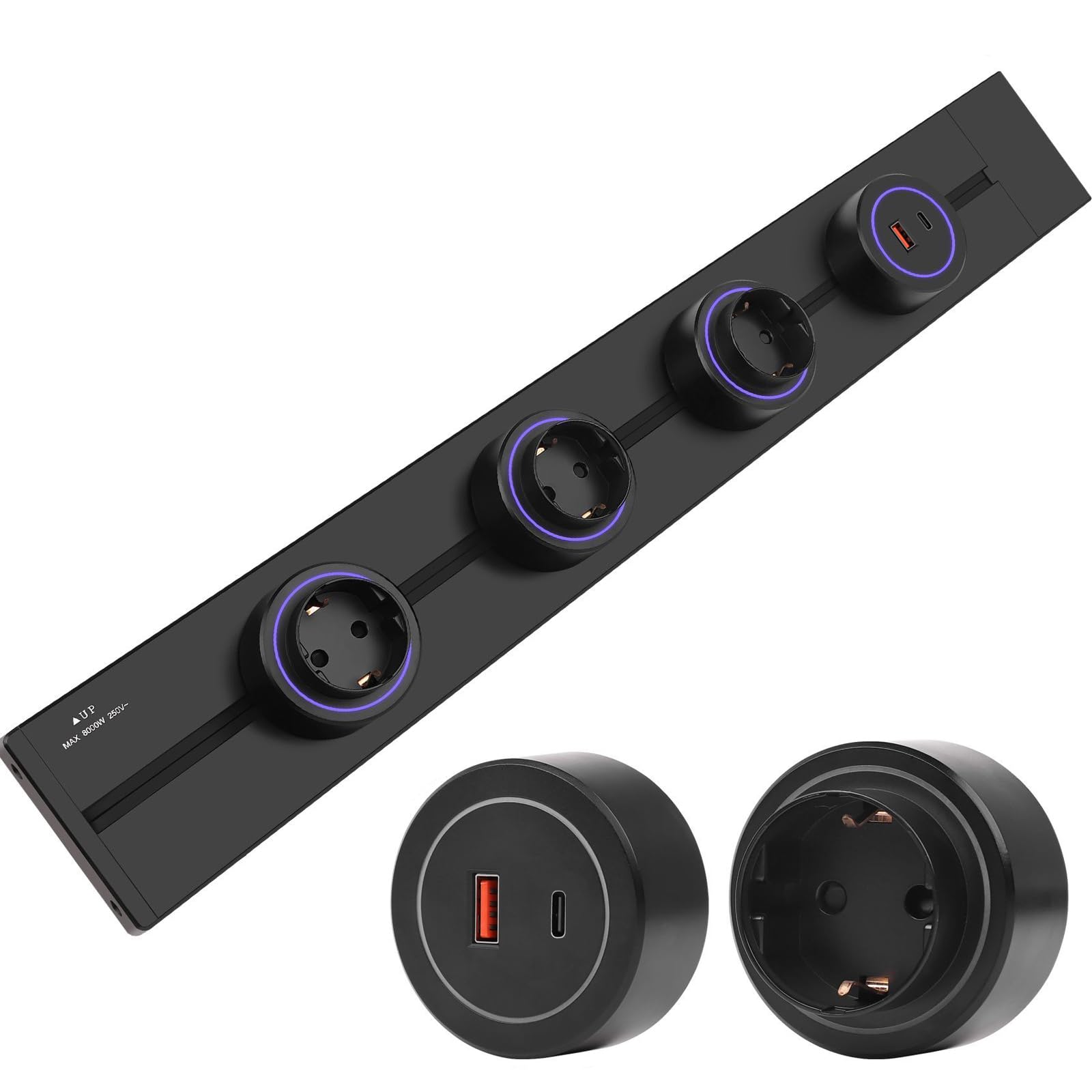 CNBINGO Stromschiene Stromschienensteckdose Schwarz - 4 Adaptern (3 Wandsteckdose, 1 USB-A, 1 USB-C) für Küche Wohnzimmer Zuhause Büro 600mm 7360W Orbital Mehrfachsteckdose