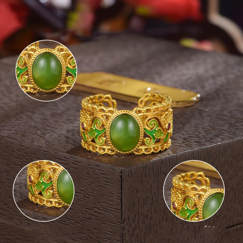 14K Gold Over S925 Sterling Silver Hetian Jade Yǎnwēi Open Rings, Chinese New Year Blessings, Ethnic Style Hand Ornament3