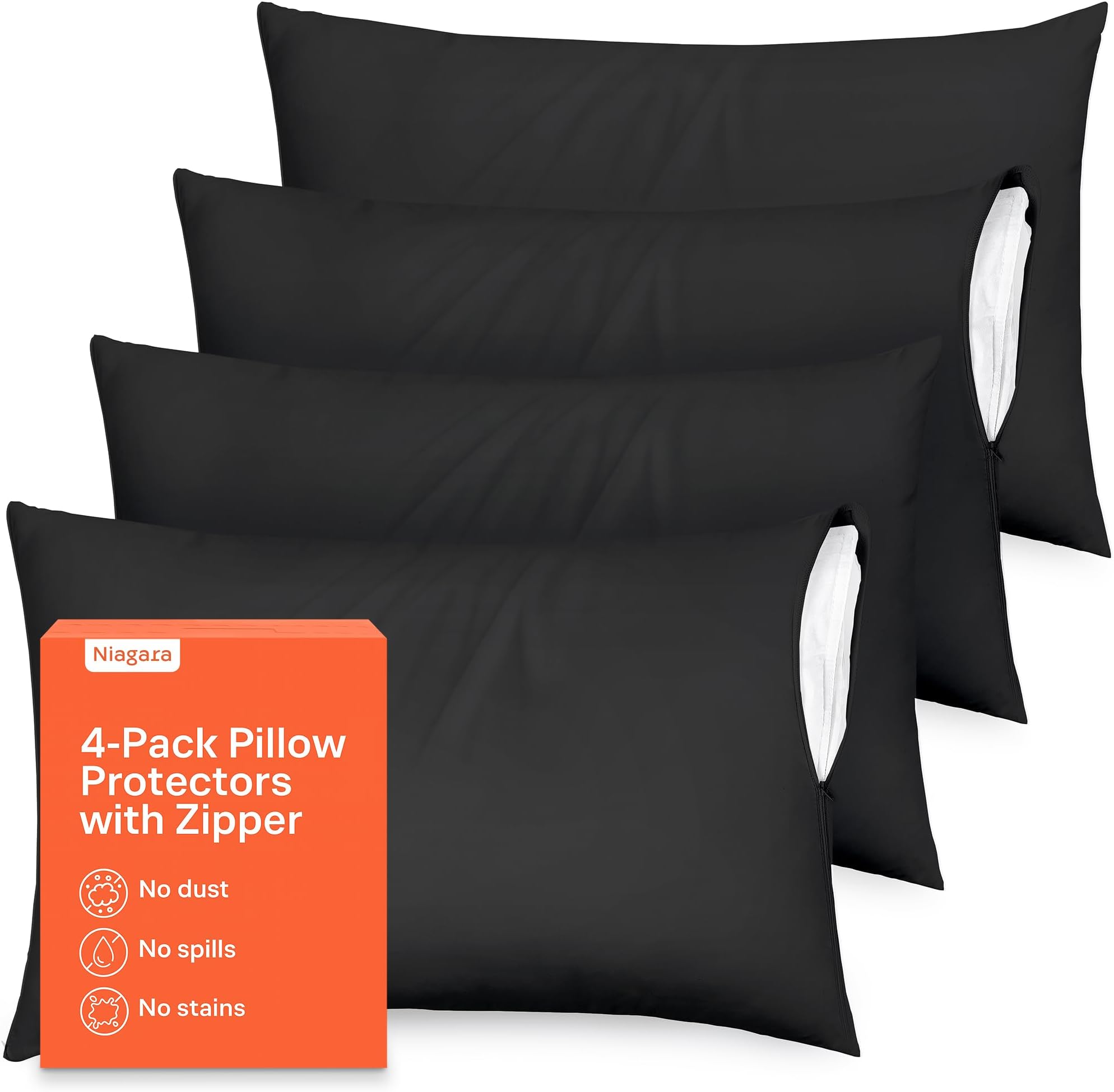 Niagara 4 Pack of Pillow Protectors with Zipper, Standard Size, Effective Dust Protection, Quiet, Stay in Place Pillow Covers, Breathable Case for Pillow Lifespan Extension (20x26 Inches, Black)