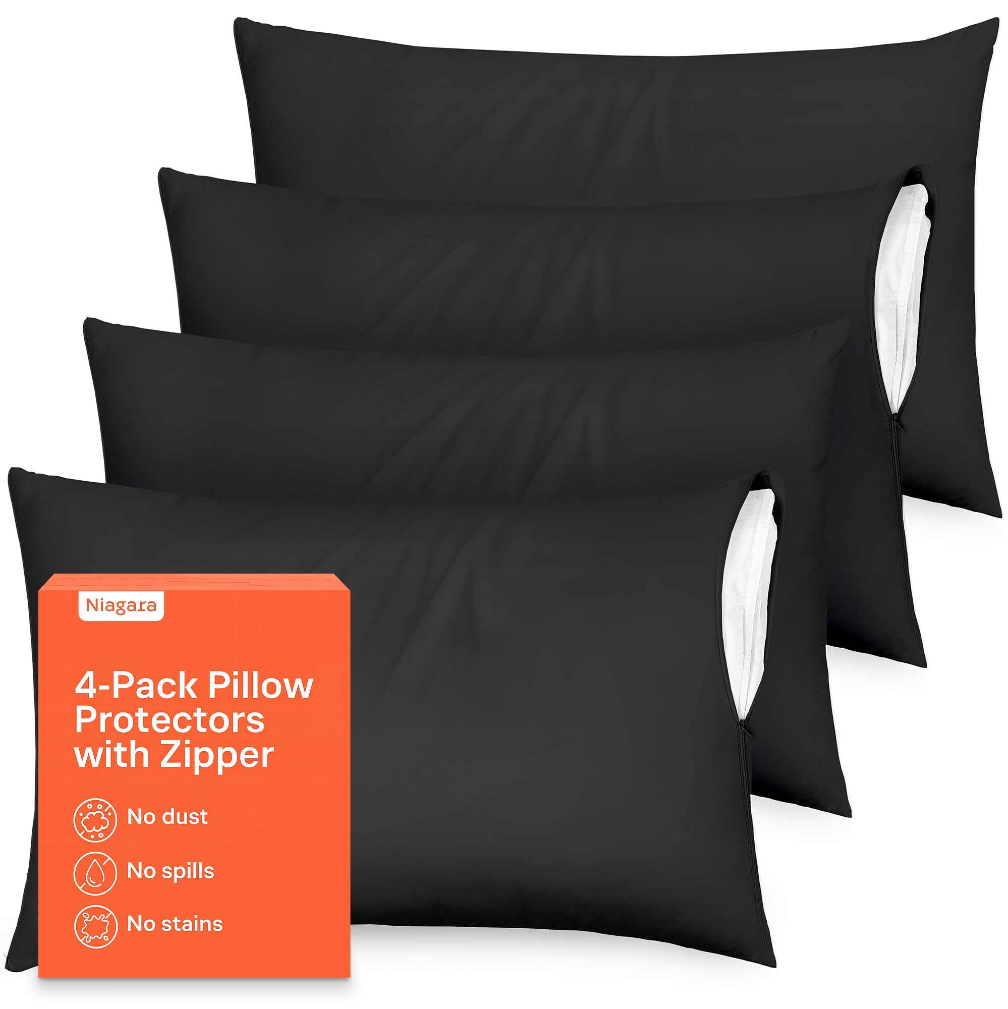Ultra Soft Pillow Protectors with Zipper King Size - Set of 4 Breathable Pillow Covers - 100% Protection Against Stains, Dust & Dirt - Machine Washable (Black)