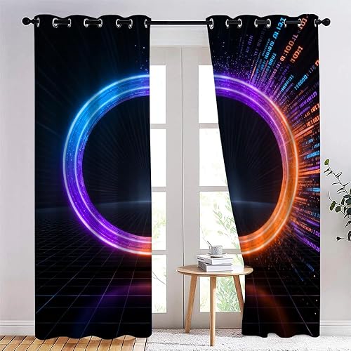 Miniatura 3 de Cyber Ring Curtains, Thermal Insulated Darkening Drapes For Sci-Fi Home Decor, Futuristic Neon Circle Digital Grid Scene Grommet Window Treatments,