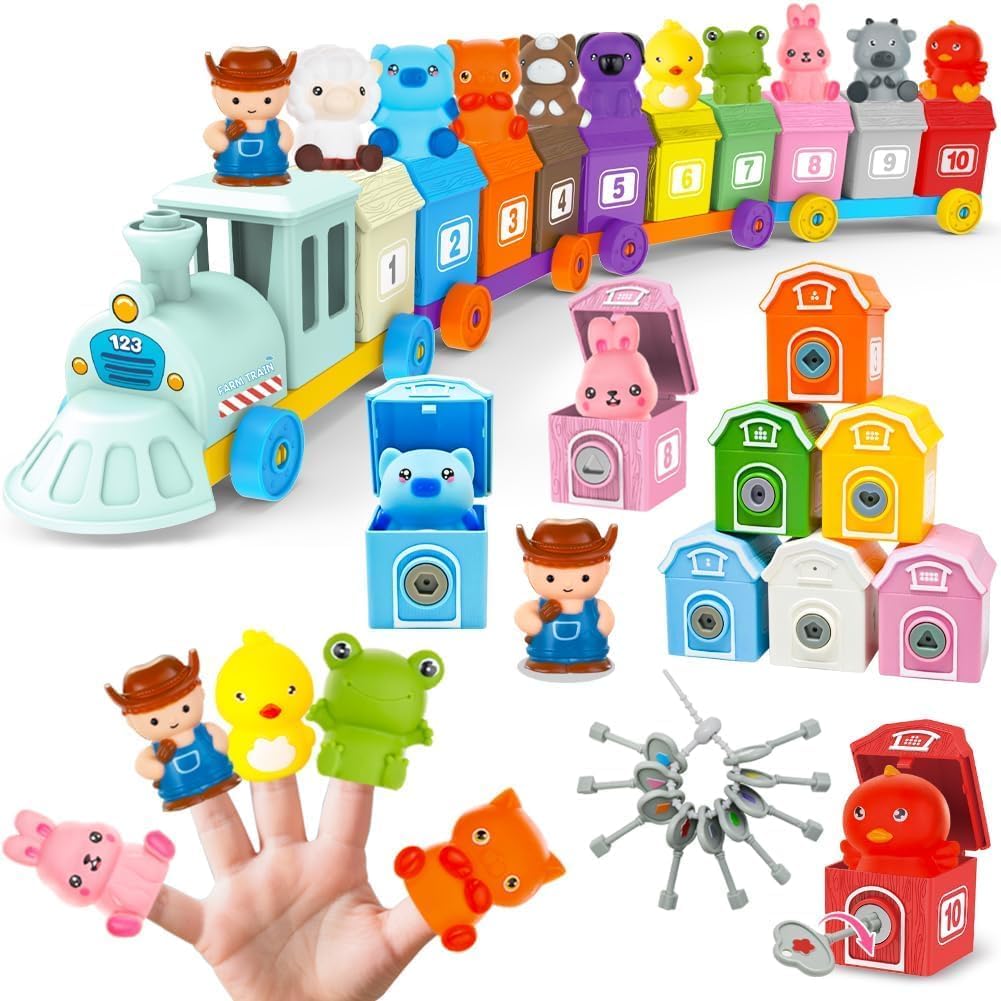 Kimicare Learning Montessori Toys for Toddlers, Sensory Farm Animals Train Toys with 10 Finger Puppets 1 Farmer, Counting Matching Sorting Barns with Keys Birthday Gifts Christmas Stocking Stuffers