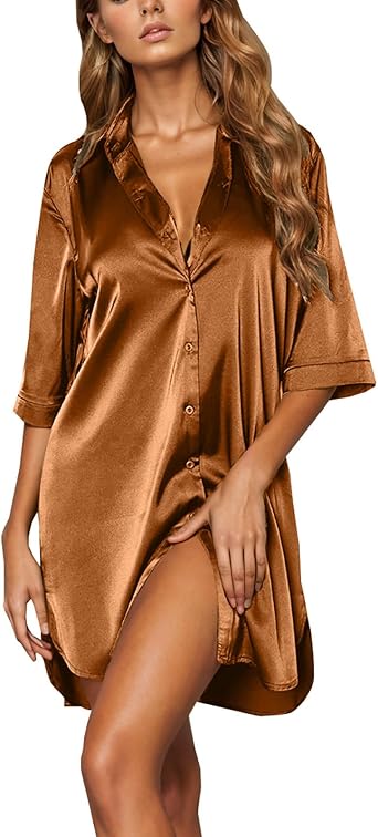 Womens Satin Night Shirt Button Down Sleepshirt Silk Half Sleeve Nightgown Baggy Loose Nightshirt Pajama Top