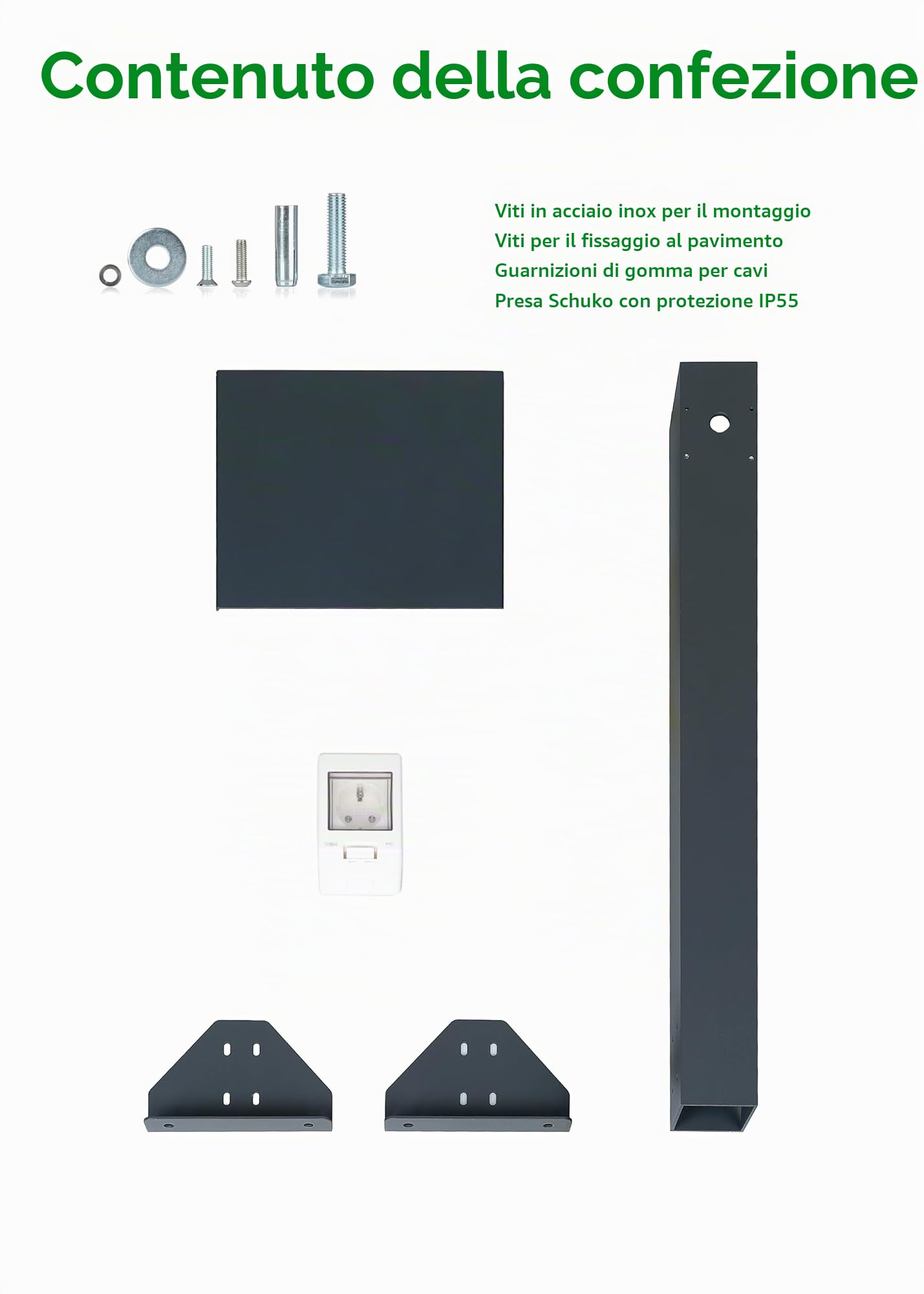 Base in alluminio con presa esterna. Colonna di presa di alta qualità. Presa per esterno con piede (Schuko 1F, 16 A, 3,7 kW)