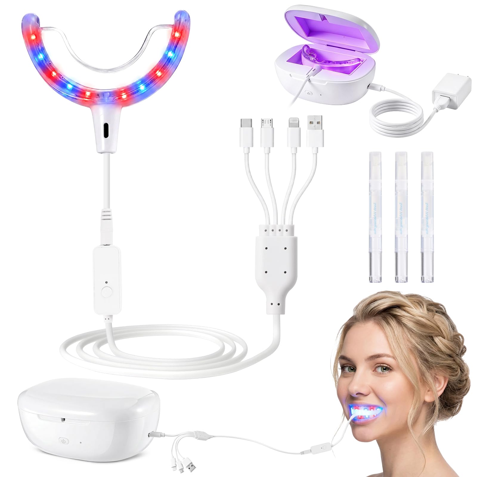 Rotlichttherapie für Zahnfleisch, 32 LEDs, Rot- und Blaulichtgerät für Mundgesundheit, professionelles Zahnfleischpflege- und Zahnaufhellungs-Set, mit 3000 mAh sterilisierender Ladehülle