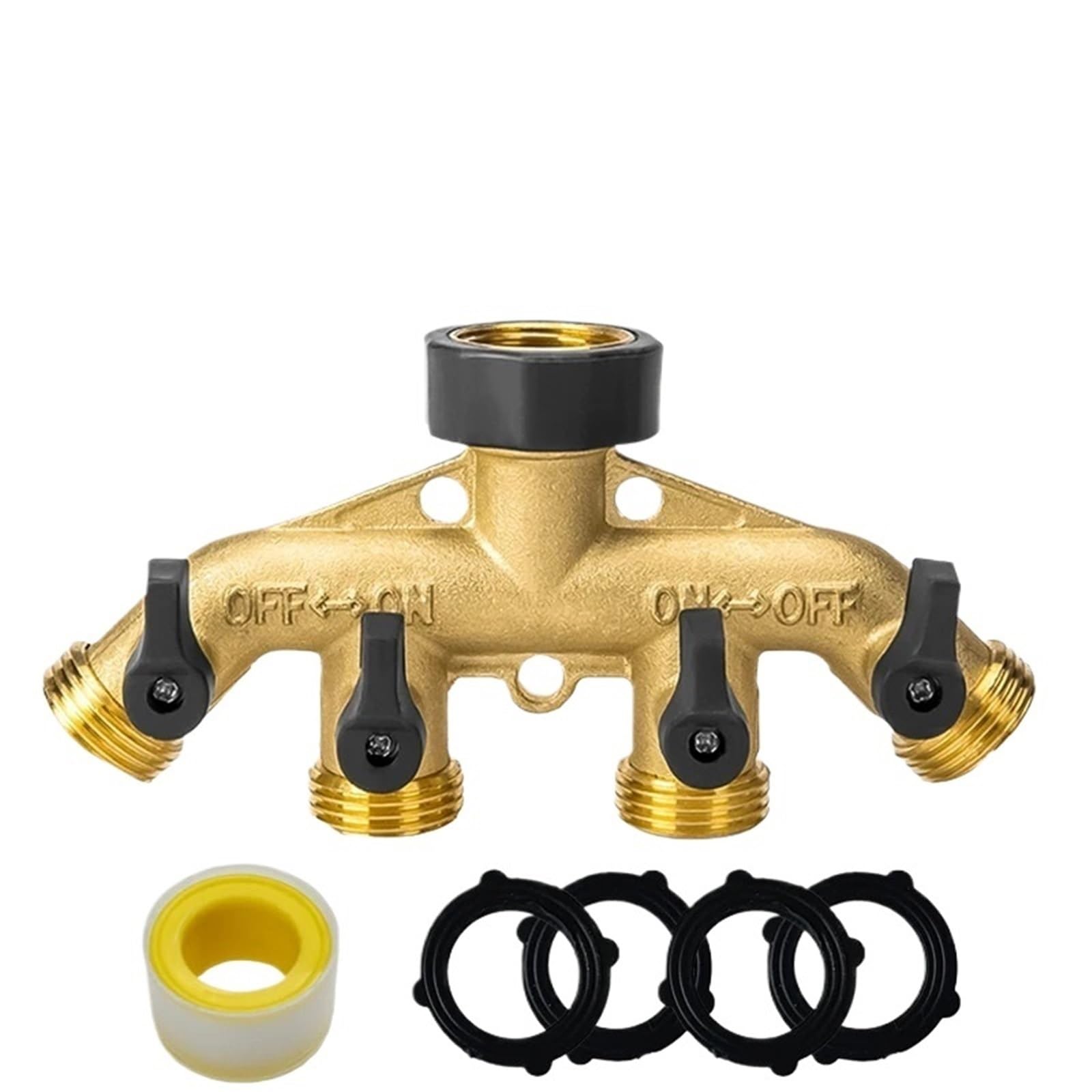 Faucet Hose Splitter, 4 Way Brass Garden Hose Splitter Bibcock Spigot Kink Protector Tap Faucet Yellow(Yellow-4 Way EU)