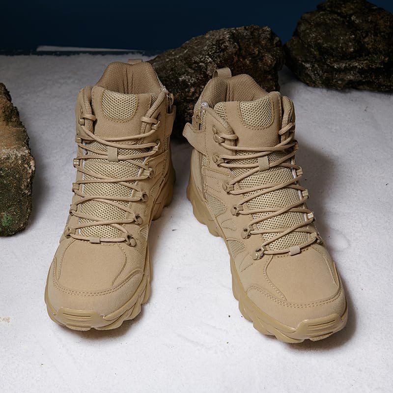 Tactical Military Combat Boots, High-Top Hiking Boots, Available in Black, Tan, Green, Mesh Breathable Design, Lace-up Style