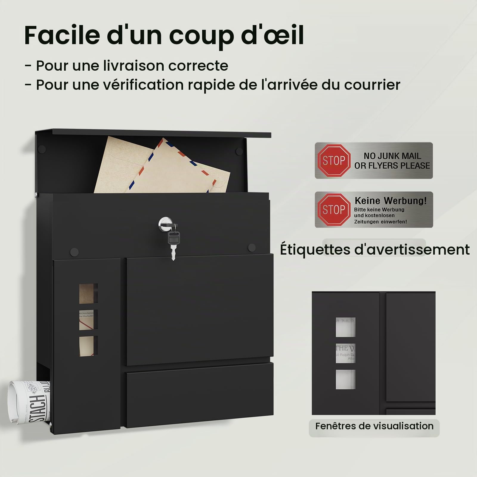 WOLTU Boîte aux Lettres Murale avec 3 Fenêtres, Boîte aux Lettres Individuelle avec 2 Clés, Couvercle à Charnière et Porte-Journaux, Noir