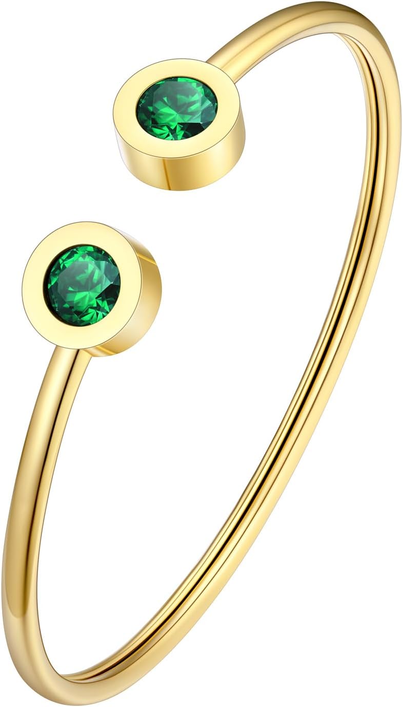 FOCALOOK Damesarmband, open, verguld, roestvrijstalen armband, verstelbaar, versierd met geboortesteen van kristal, verjaardagssieraad
