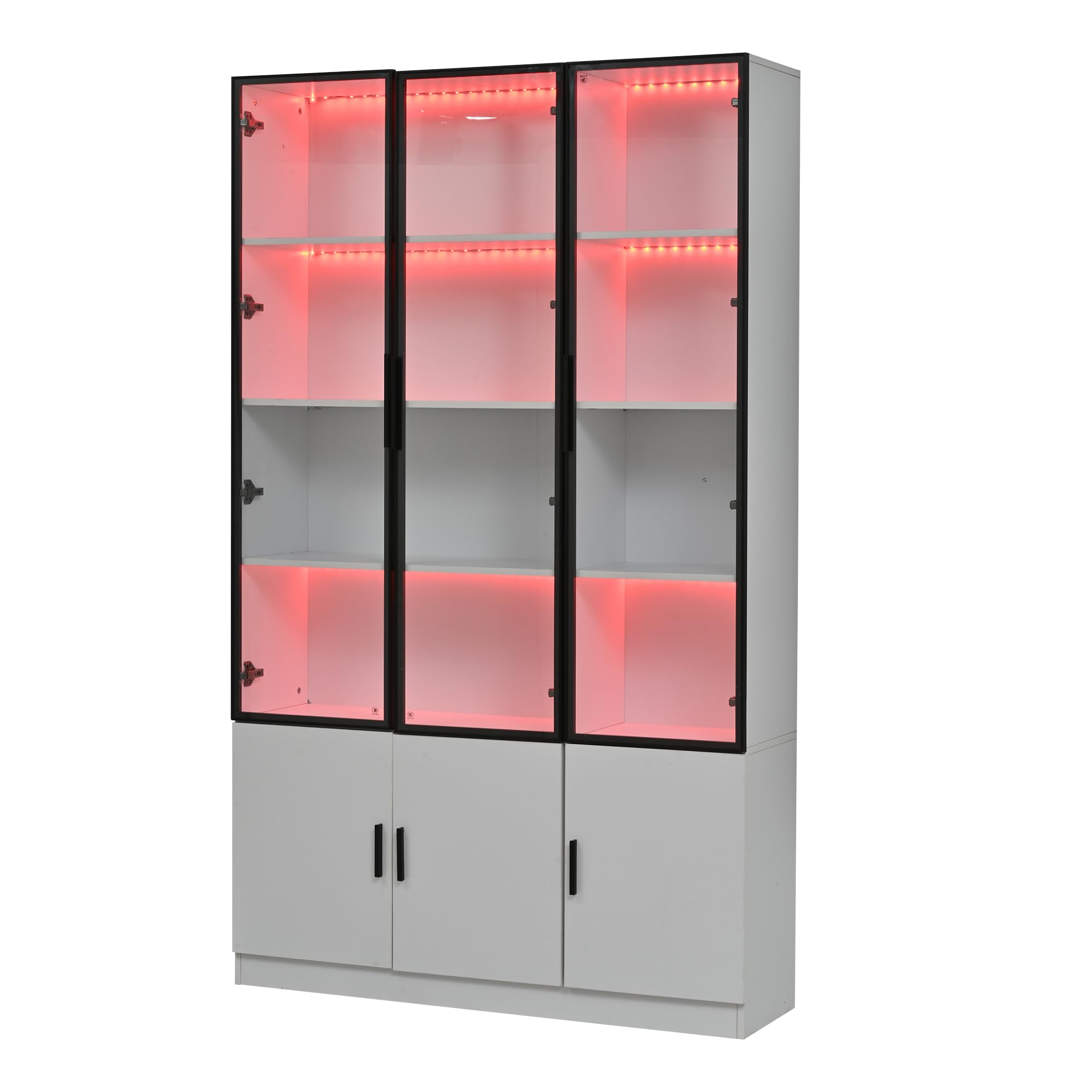 SACOOL Vetrina da 120 x 32 x 200 cm, con 6 ante per armadi, in vetro con LED, 120 cm di larghezza, armadietto multifunzione, grande armadio, bianco