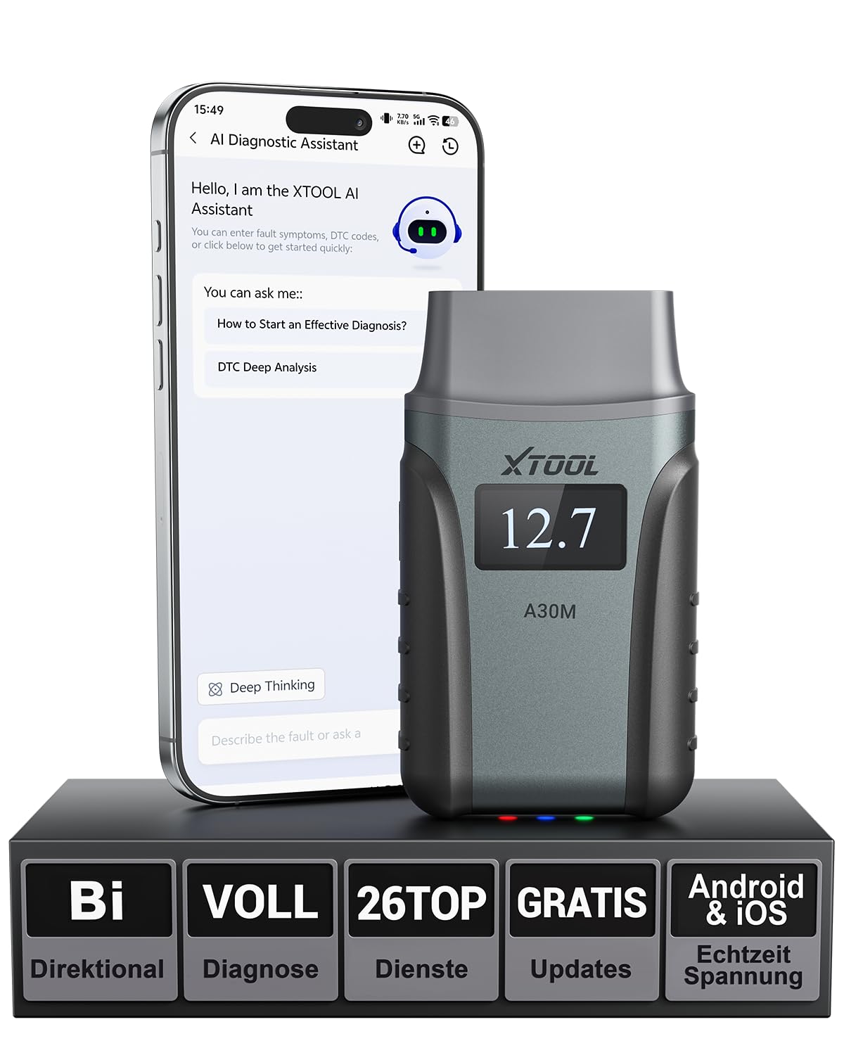 XTOOL A30M OBD2 Diagnosegerät Bluetooth, Diagnosegerät Auto mit Bidirektionaler für Alle Systeme, Kfz-Auslesegerät für Android/iOS mit 26+ Resets (Öl/ABS/BMS/DPF), CAN FD, Lebenslange Updates