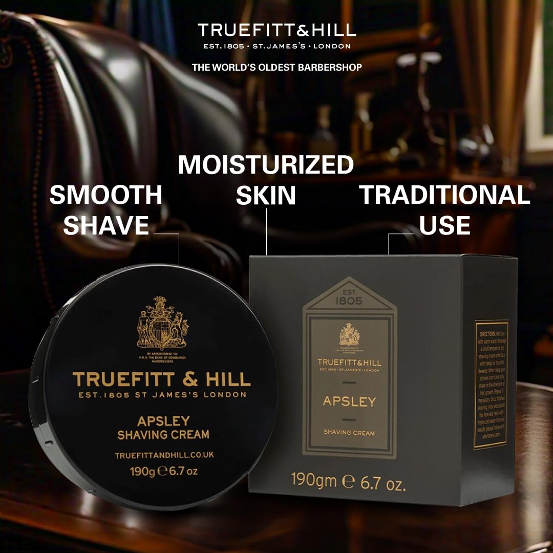 Truefitt & Hill Apsley Shaving Cream For men | 190gm Bowl |All Skin Type | Glycerine based |Smooth Razor Glide|Rich Lather|Contains Essential Oils | All Natural 1