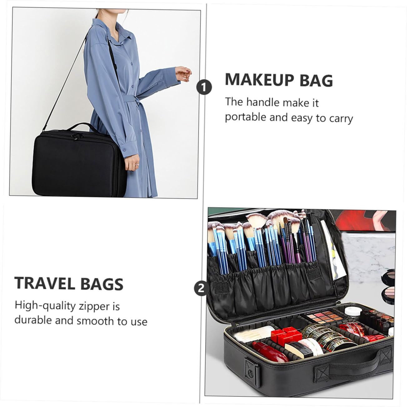 Healeved Astuccio da Viaggio per Trucco Oxford Nero Manico, Design a Griglie, Custodia Cosmetica Portatile Facile da Trasportare e Protettiva per Organizzare i Prodotti Make Up