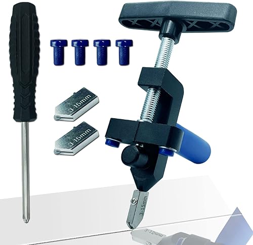Cortador de vidrio, herramienta de corte de vidrio 2 en 1 con alicates de ruptura, 3 cuchillas de acero de tungsteno, 4 puntas, destornillador, negro