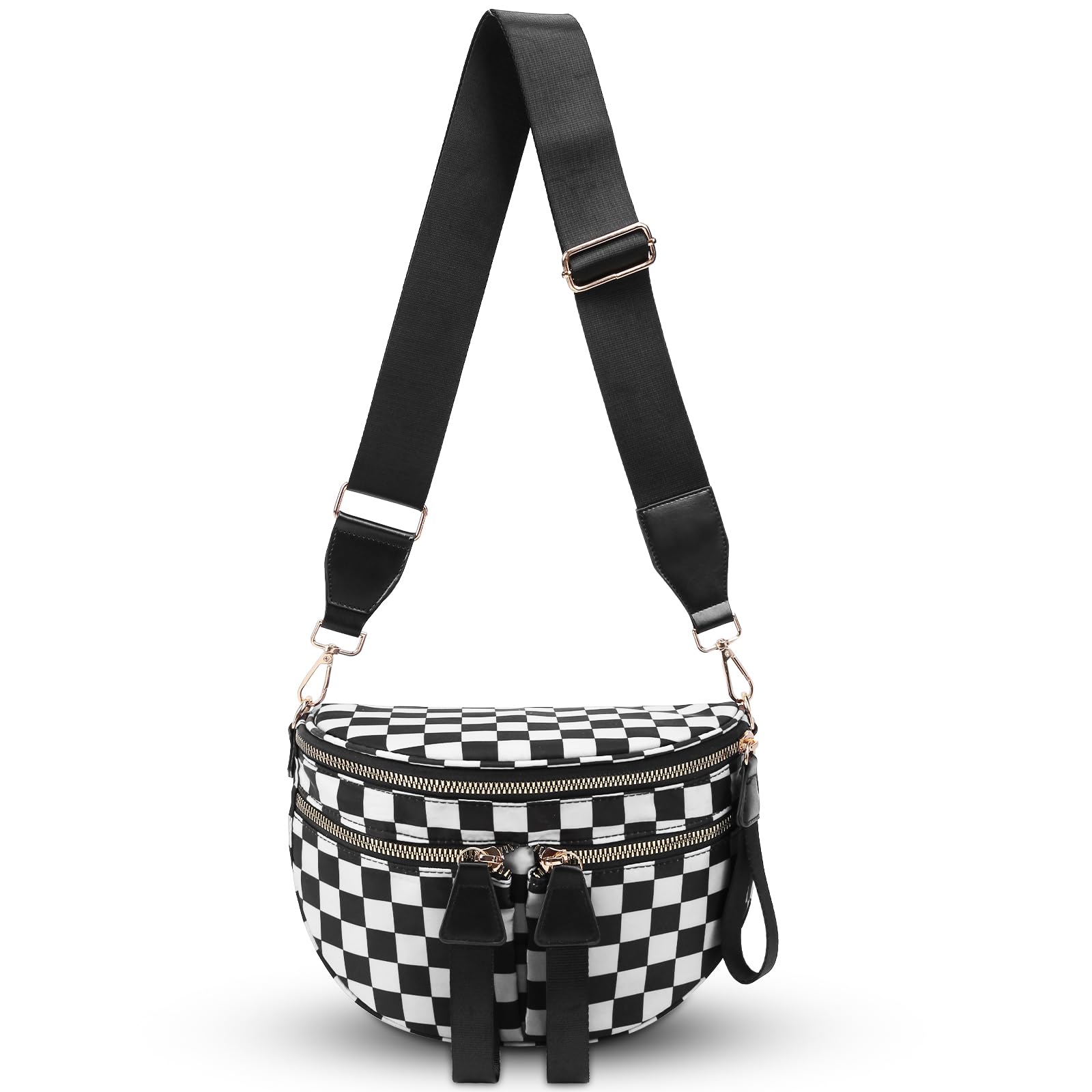hibear Checkered Crossbody Bag Spacious Bum Bags for Women Nylon Crossbody Fanny Packs Checkered Purse Belt Wallet (W-Black)