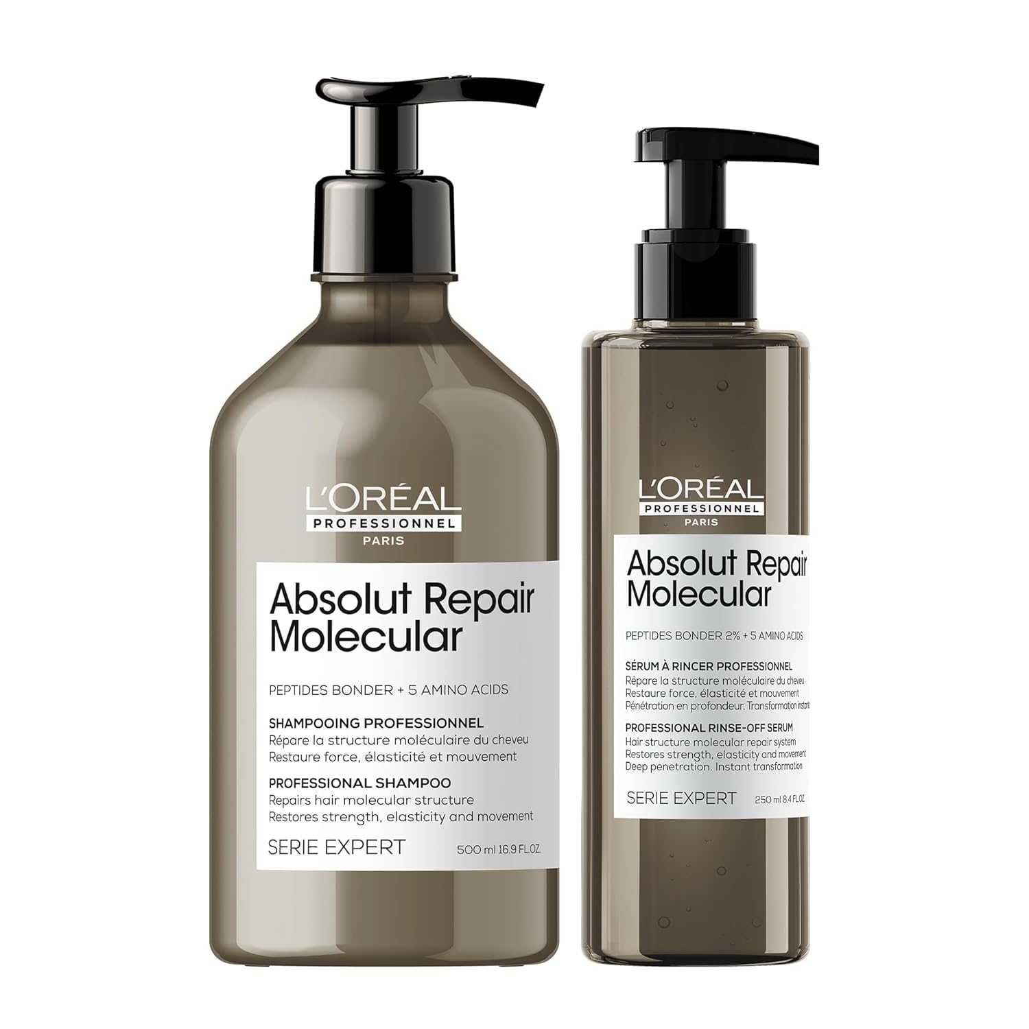L'Oréal Professionnel Kit Shampoo + Balsamo Liquido Ristrutturante, Per Tutti i Tipi di Capelli Danneggiati, Meno Danni e Maggiore Forza, Senza Solfati, Absolut Repair Molecular, 500ml + 250ml