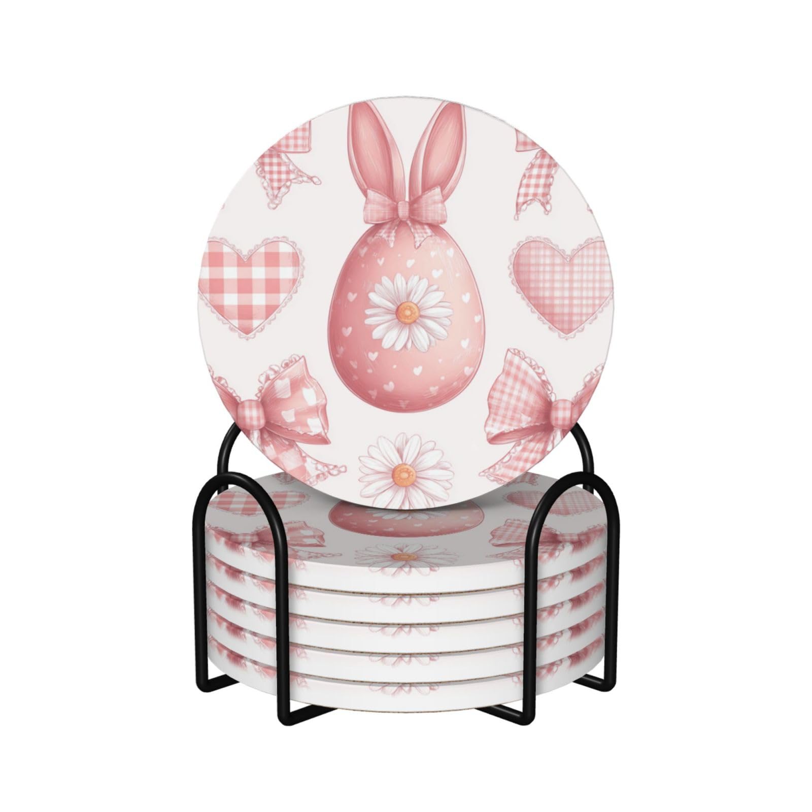 Set of Pink Easter Egg Bunny Ears and Bows Ceramic Coasters 6ps