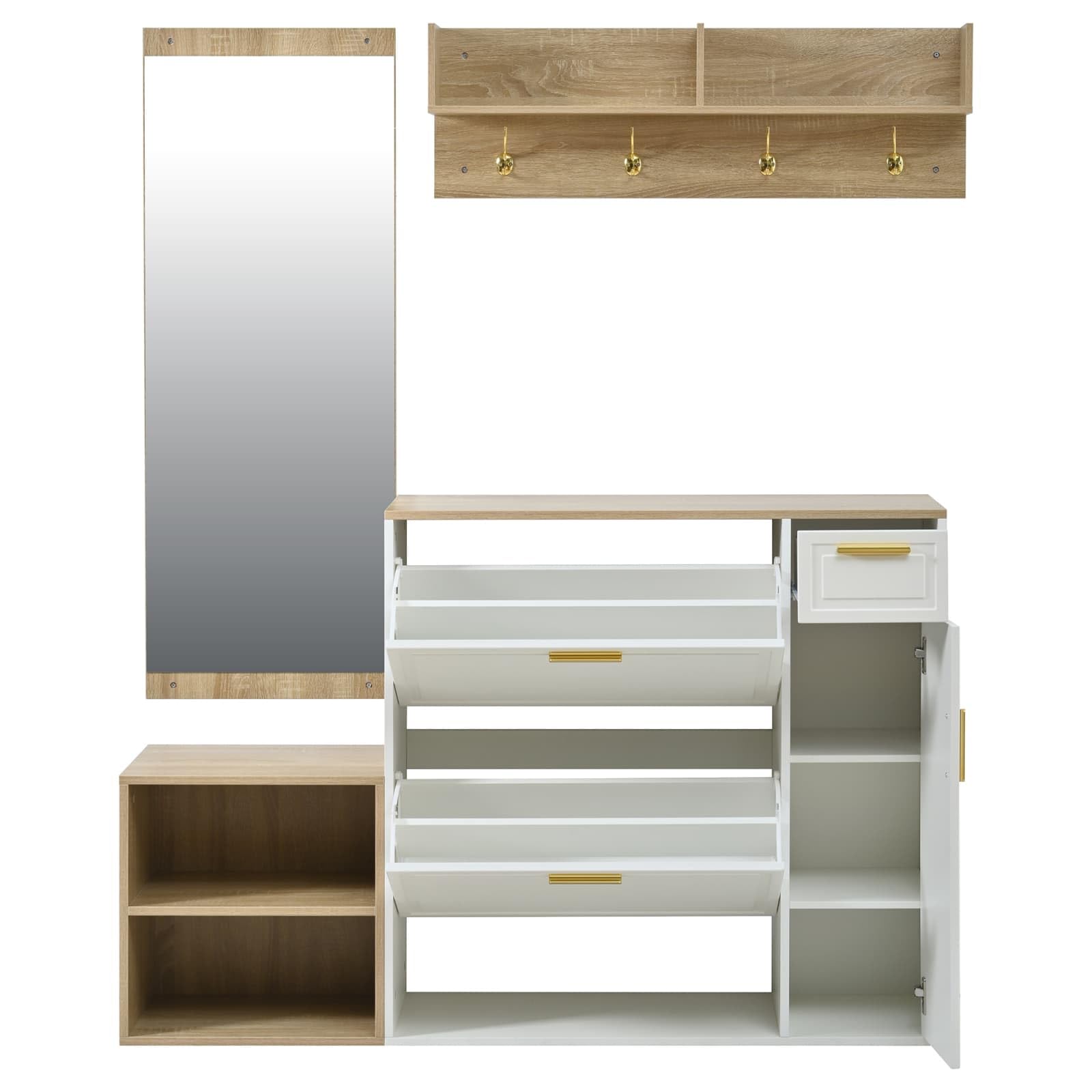 Sweiko Ensemble entrée 4 pièces avec Rangement Chaussures et 1 tiroir, Meuble d'Entrée avec Miroir et patère Murale, Armoire compacte avec Étagères Ouvertes pour Hall, Couloir (Natural+White)