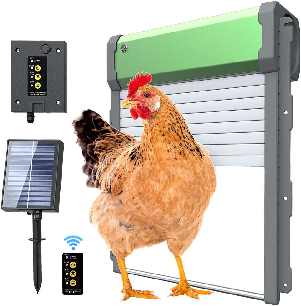 Automatic Chicken Coop Door Solar- Chicken Coop Door with Smart Timer & Light Sensor, Anti-Pinch Safety Design, Large Weatherproof Entry for Poultry (A-JSM) (Green)