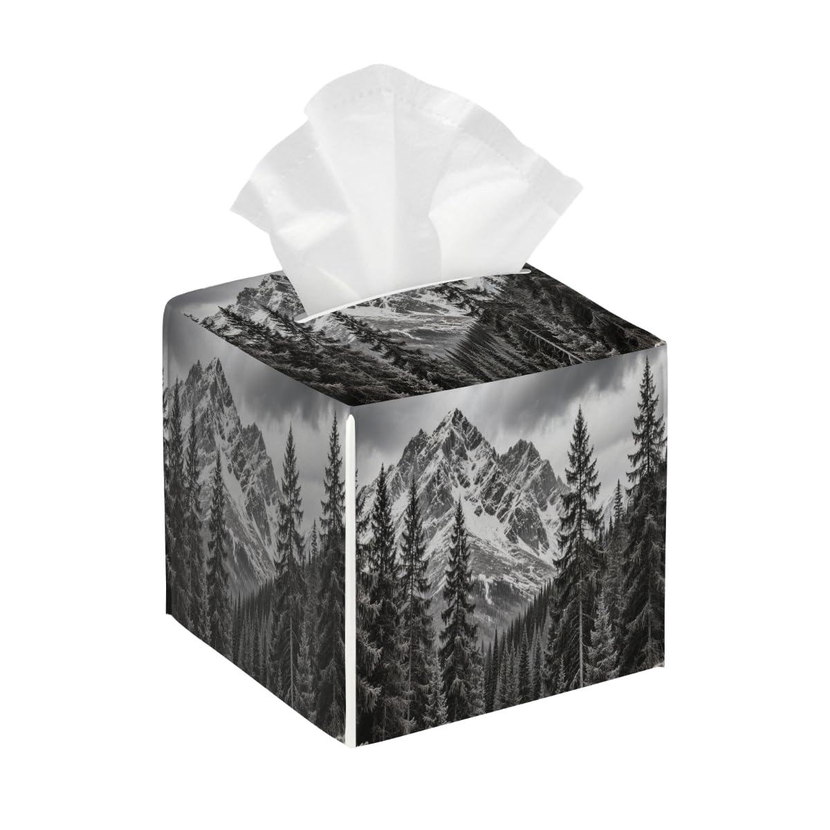 Tissue Box Cover Square Pu Leather Tissue Box Holder Waterproof Paper Organizer Dispenser for Bathroom Kitchen Bedroom Car Office Forest Mountains