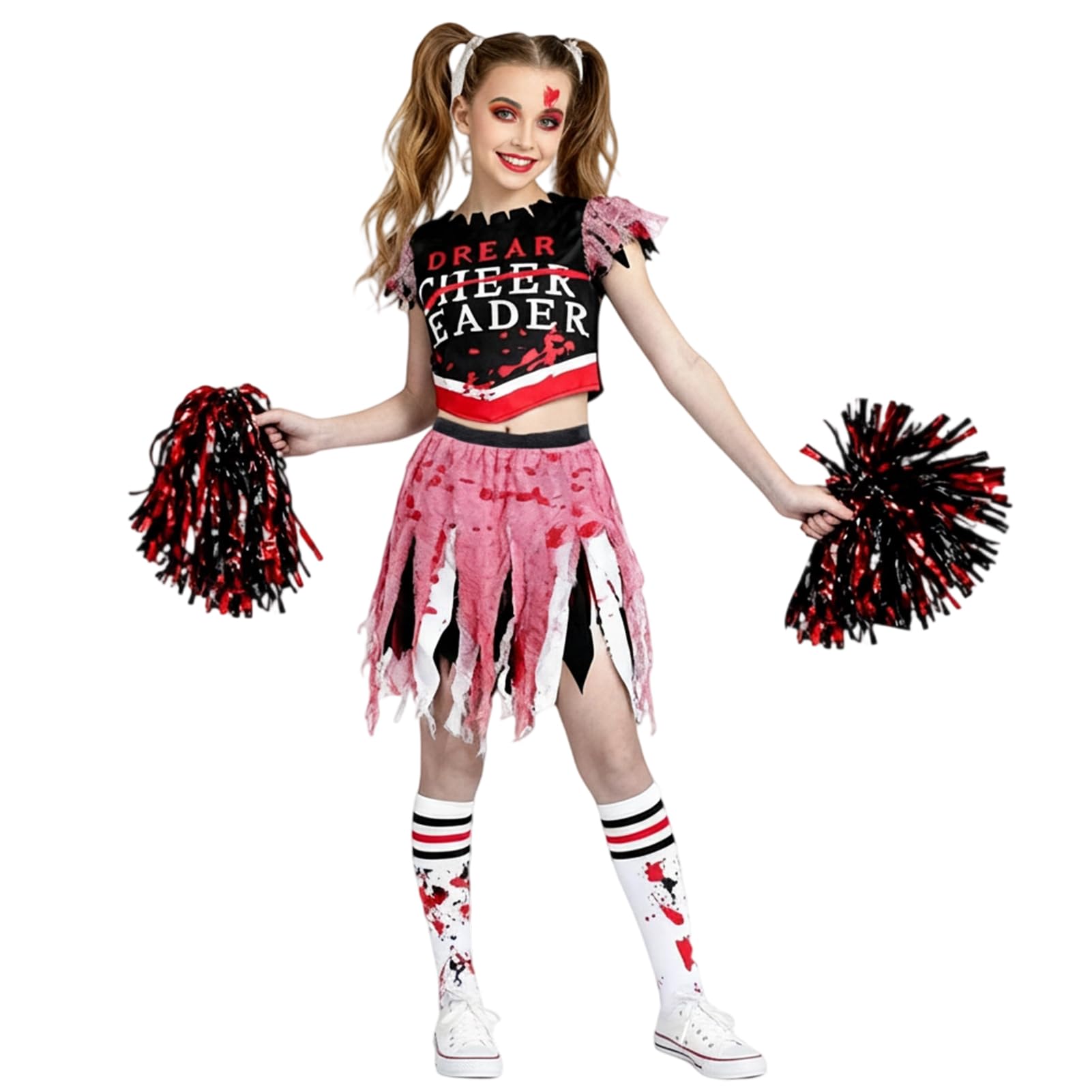 SERTAS Girl Scary Bloody Cheerleader Costume,Zombie CostumeKids,Girls Halloween Costume,Zombie Cheerleader Costumefor Halloween Dress Up Parties,Scary HalloweenCostume (White - Image 2