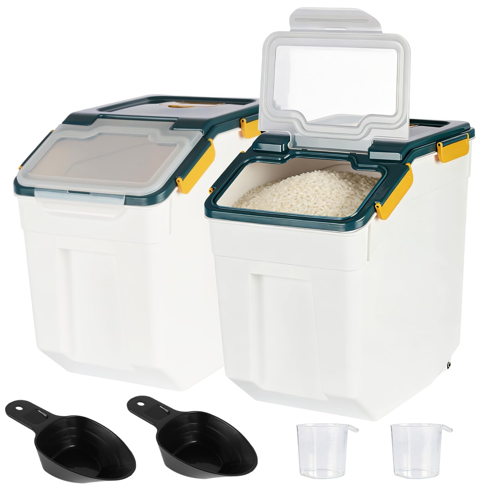Set di 2 contenitori ermetici per farina da 20 kg con coperchio di chiusura, grande contenitore per riso e farina con ruote e misurino, dispenser per alimenti secchi senza BPA per cucina e