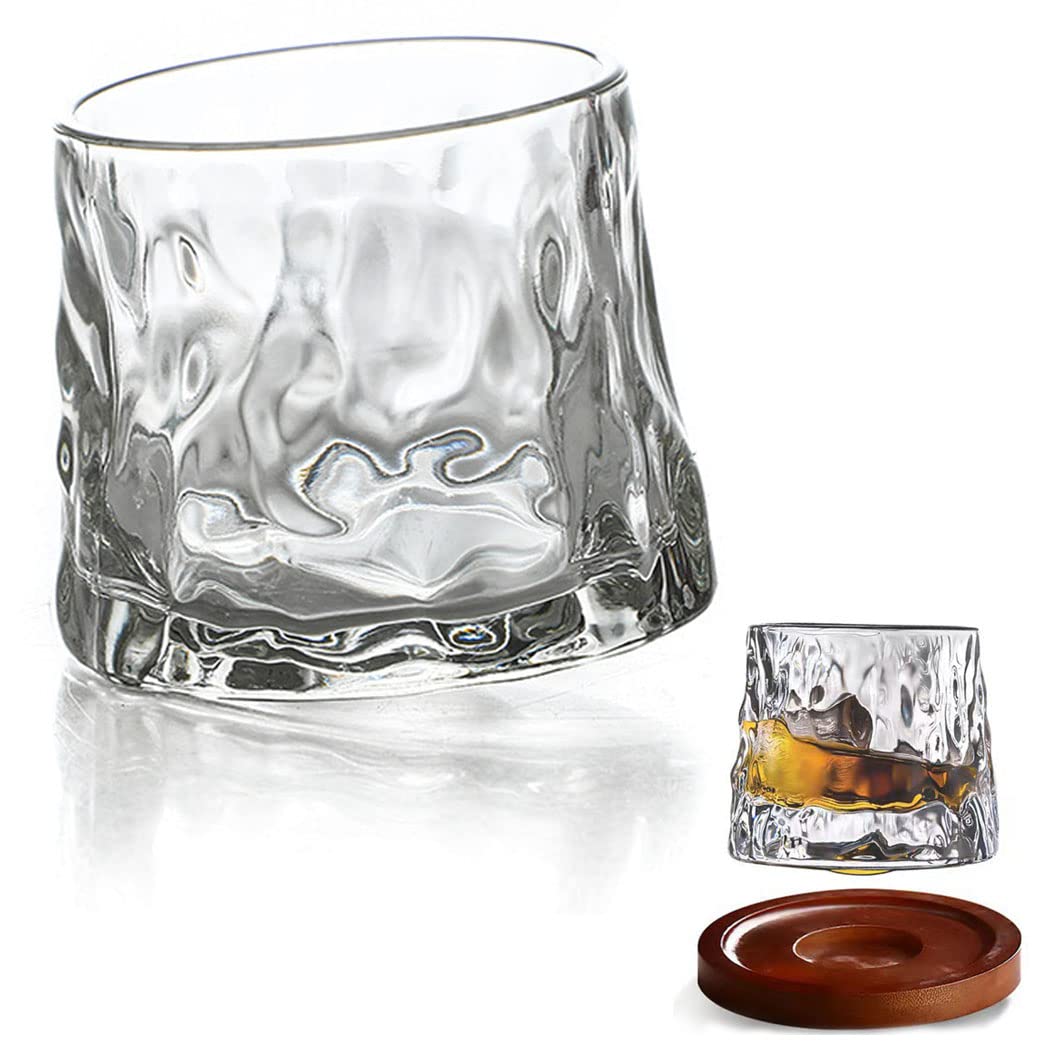 REVHQ Whiskey Glasses, Rotatable Tumbler Crystal Glass Cups, Drinking Glasses with 1Pcs Creative Walnut Coasters and Gift Box - for Scotch,Bourbon,Cocktails