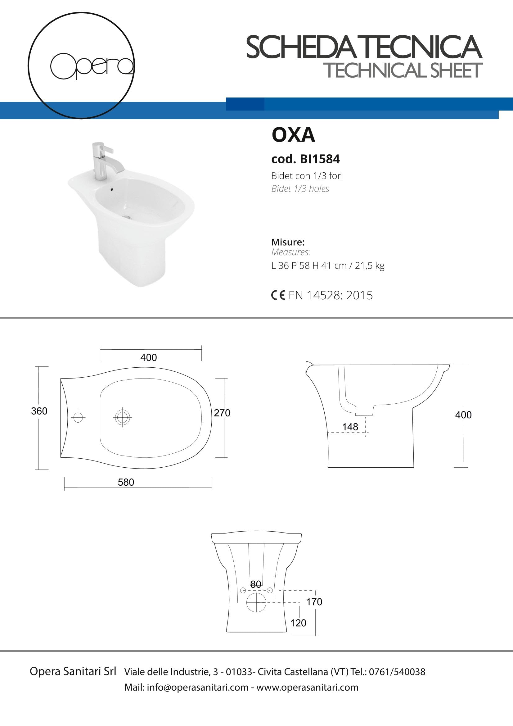 OPERA SANITARI Coppia Vaso con Cassetta monoblocco scarico S/P e Bidet Oxa