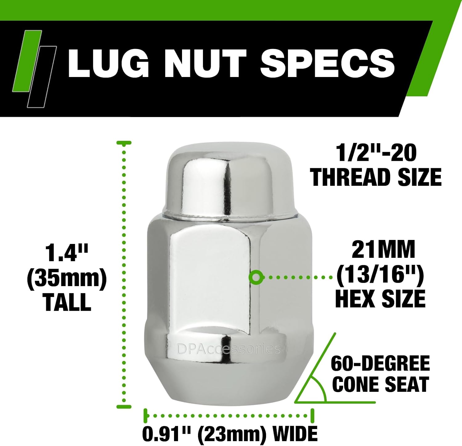 DPAccessories Chrome 1/2-20 Lug Nuts - Closed End Bulge Acorn - 21mm (13/16") Hex - 1.4" Tall - Set of 23 - D3712-2305/23