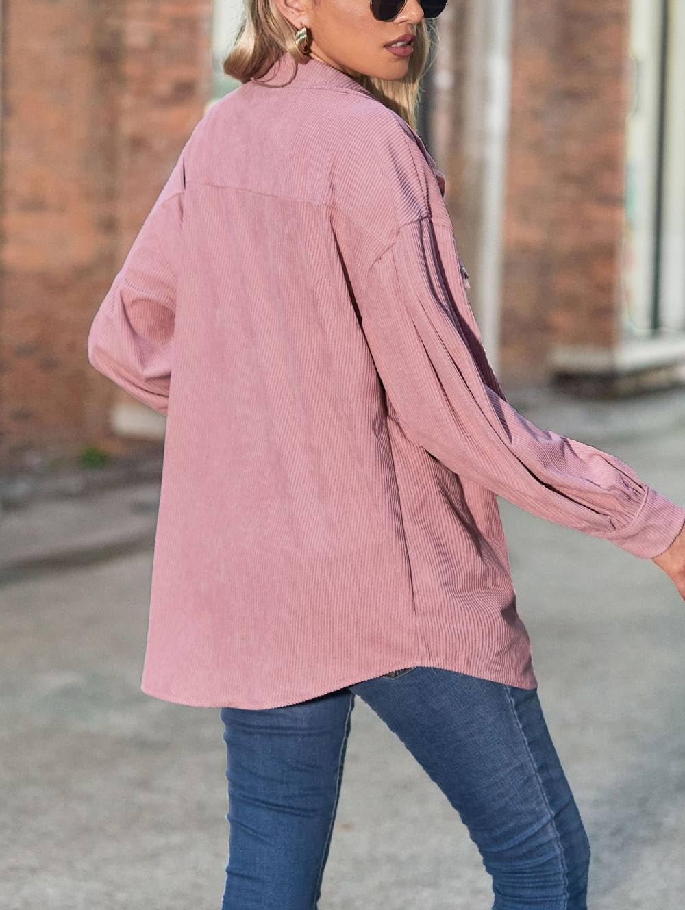 Top Femme Chic Et Élégant,Chemise en Velours Côtelé pour Femme Chemise Boutonnée Veste Décontractée Veste Revers Bleu Manches Lanterne Tops Chemisier Vintage Chemise À Manches Longues avec P